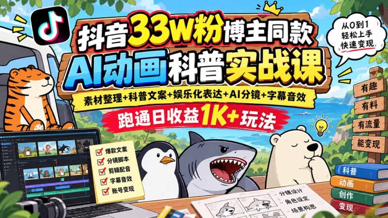 (20510期)抖音33W粉博主同款AI动画科普实战课|素材整理+科普文案+娱乐化表达+AI分镜+字幕音效,跑通日收益1K+玩法-百科网