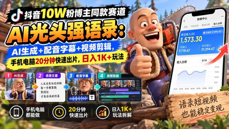 【无水印】抖音10W粉博主同款赛道AI光头强语录：AI生成+配音字幕+视频剪辑，手机电脑20分钟快速出片，日入1K+玩法-百科网_分享创业项目_网上赚钱方法