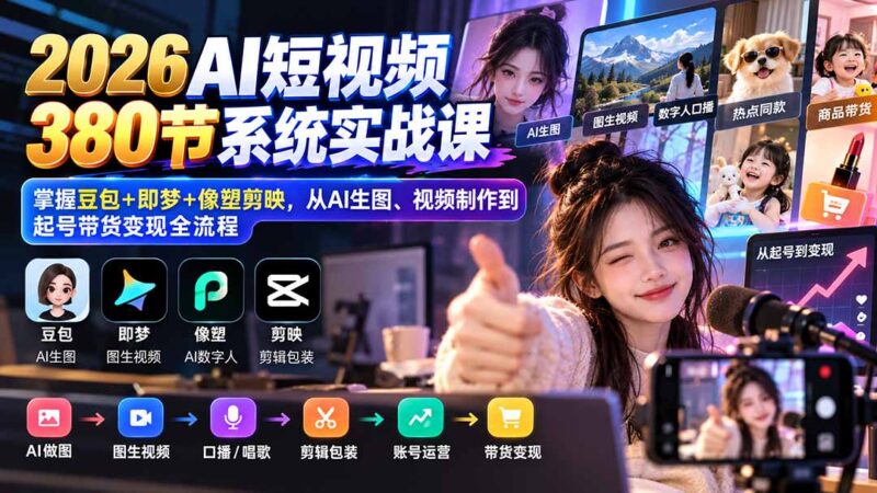 【无水印】2026AI短视频380节系统实战课:掌握豆包+即梦+像塑剪映,从AI生图、视频制作到起号带货变现全流程-百科网_分享创业项目_网上赚钱方法