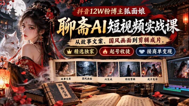 抖音12W粉博主狐面娘-聊斋AI短视频实战课：从故事文案、国风画面到剪辑成片，精选独家+起号收徒+接商单变现-百科网_分享创业项目_网上赚钱方法