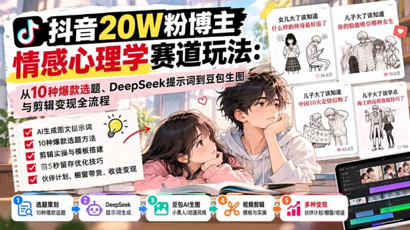 抖音20W粉博主-情感心理学赛道玩法：从10种爆款选题、DeepSeek提示词到豆包生图与剪辑变现全流程-百科网_分享创业项目_网上赚钱方法