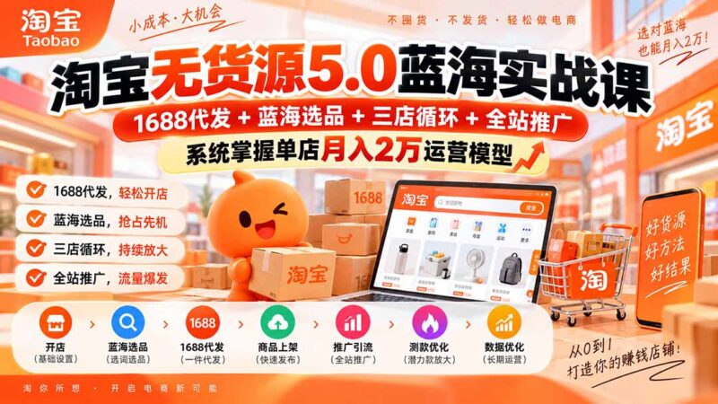 （20397期）淘宝无货源5.0蓝海实战课-更新：1688代发+蓝海选品+三店循环+全站推广，系统掌握单店月入2万运营模型-百科网