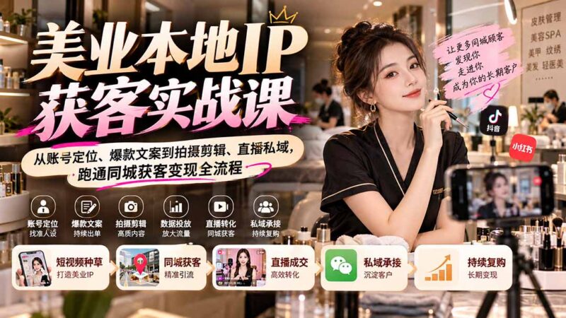 【无水印】美业本地IP获客实战课：从账号定位、爆款文案到拍摄剪辑、直播私域，跑通同城获客变现全流程-百科网_分享创业项目_网上赚钱方法