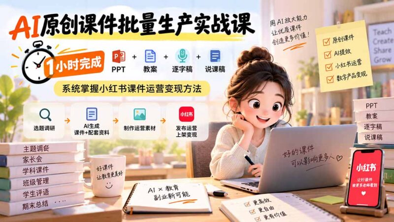 （20351期）AI原创课件批量生产实战课：1小时完成PPT+教案+逐字稿+说课稿，系统掌握小红书课件运营变现方法-百科网