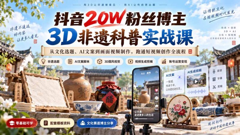 (20356期)抖音20W粉丝博主3D非遗科普实战课:从文化选题、AI文案到画面视频制作,跑通短视频创作全流程-百科网