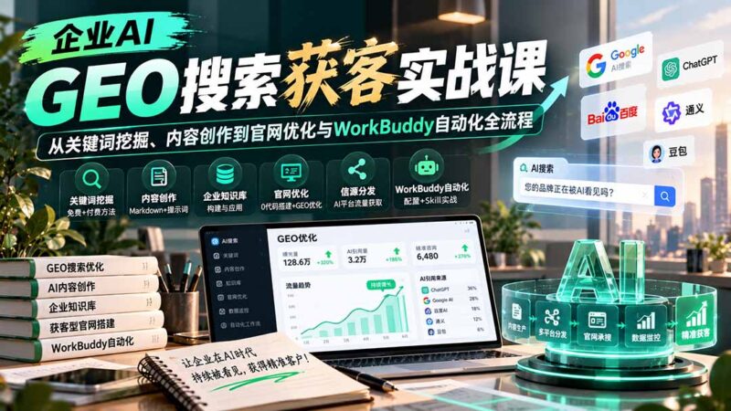 企业AI GEO搜索获客实战课：从关键词挖掘、内容创作到官网优化与WorkBuddy自动化全流程-百科网_分享创业项目_网上赚钱方法