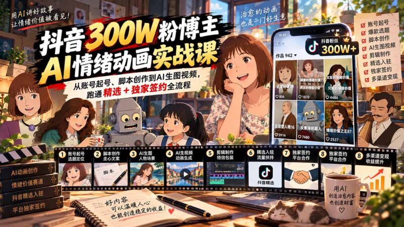 (20616期)抖音300W粉博主AI情绪动画实战课:从账号起号、脚本创作到AI生图视频,跑通精选+独家签约全流程-百科网