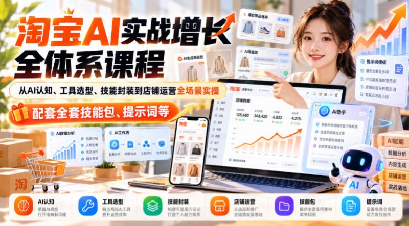 淘宝AI实战增长全体系课程,从AI认知、工具选型、技能封装到店铺运营全场景实操,配套全套技能包、提示词等-百科网_分享创业项目_网上赚钱方法