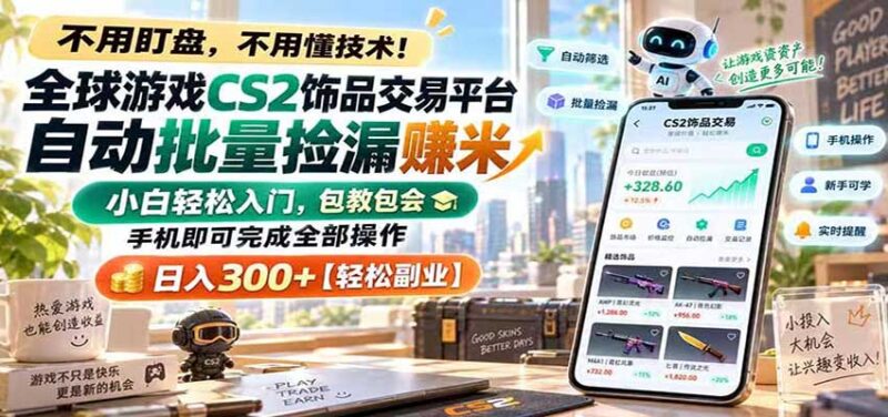 全球游戏CS2饰品交易平台自动批量捡漏赚米，手机即可完成全部操作，日入300+-百科网_分享创业项目_网上赚钱方法