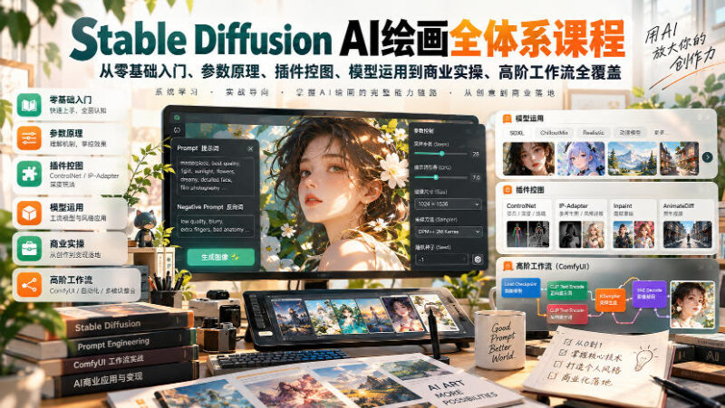 【无水印】Stable Diffusion AI绘画全体系课程,从零基础入门、参数原理、插件控图、模型运用到商业实操、高阶工作流全覆盖-百科网_分享创业项目_网上赚钱方法