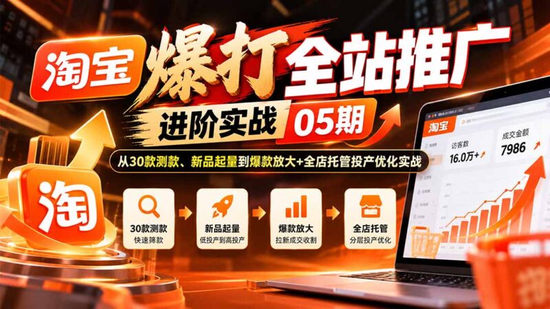 淘宝爆打全站推广进阶实战05期：从30款测款、新品起量到爆款放大+全店托管投产优化实战-百科网_分享创业项目_网上赚钱方法