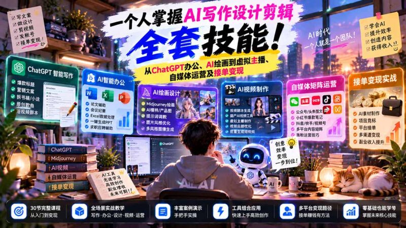 一个人掌握AI写作设计剪辑全套技能：从ChatGPT办公、AI绘画到虚拟主播、自媒体运营及接单变现-百科网_分享创业项目_网上赚钱方法
