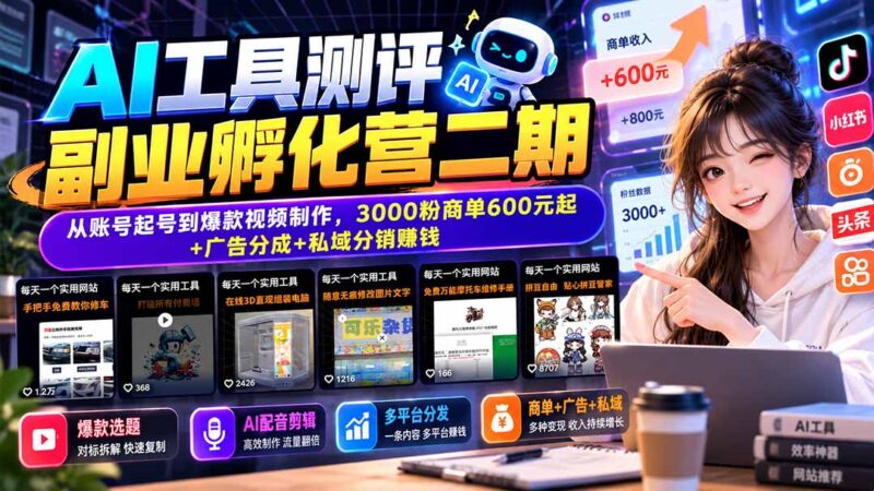 AI工具测评副业孵化营二期：从账号起号到爆款视频制作，3000粉商单600元起+广告分成+私域分销赚钱-百科网_分享创业项目_网上赚钱方法
