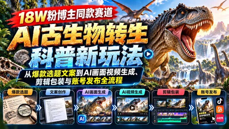 18W粉博主同款赛道-AI古生物转生科普新玩法：从爆款选题文案到AI画面视频生成、剪辑包装与账号发布全流程-百科网_分享创业项目_网上赚钱方法