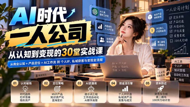 【无水印】AI时代一人公司30堂实战课:从商业认知+产品定位+AI工作流到个人IP、私域获客与变现全流程-百科网_分享创业项目_网上赚钱方法