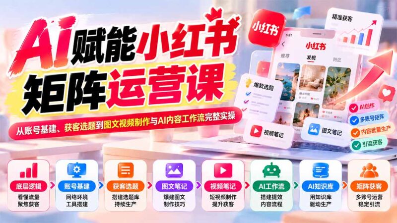AI赋能小红书矩阵运营课：从账号基建、获客选题到图文视频制作与AI内容工作流完整实操-百科网_分享创业项目_网上赚钱方法