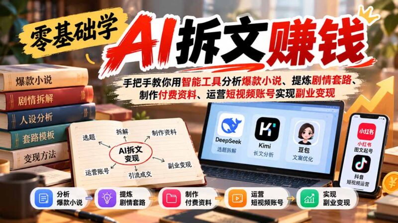零基础学AI拆文赚钱:手把手教你用智能工具分析爆款小说、提炼剧情套路、制作付费资料、运营短视频账号实现副业变现-百科网_分享创业项目_网上赚钱方法