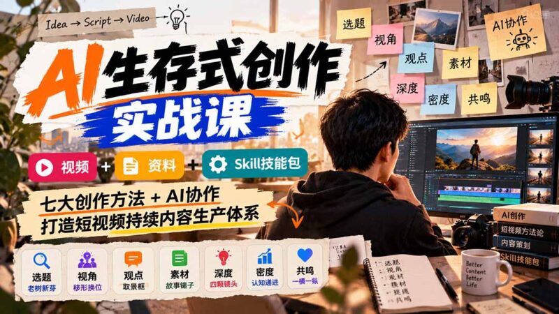 AI生存式创作实战课:视频+资料+Skill技能包,七大创作方法+AI协作,打造短视频持续内容生产体系-百科网_分享创业项目_网上赚钱方法