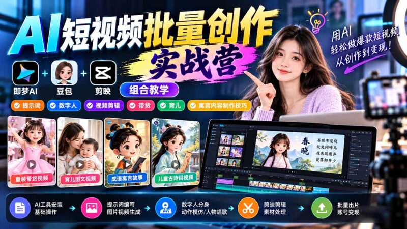 【无水印】AI短视频批量创作实战营:即梦+豆包+剪映组合教学,提示词/数字人/视频剪辑/带货/育儿/寓言内容制作技巧-百科网_分享创业项目_网上赚钱方法