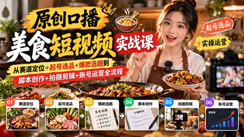原创口播美食短视频实战课:从赛道定位+起号选品+爆款选题到脚本创作+拍摄剪辑+账号运营全流程-百科网_分享创业项目_网上赚钱方法