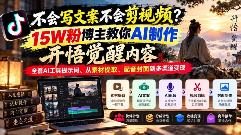 不会写文案不会剪视频？15W粉博主教你AI制作开悟觉醒内容，全套AI工具提示词、从素材提取、配音封面到多渠道变现-百科网_分享创业项目_网上赚钱方法