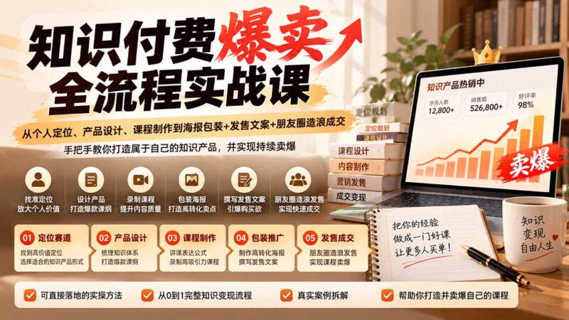 【无水印】知识付费爆卖全流程实战课：从个人定位、产品设计、课程制作到海报包装+发售文案+朋友圈造浪成交-百科网_分享创业项目_网上赚钱方法