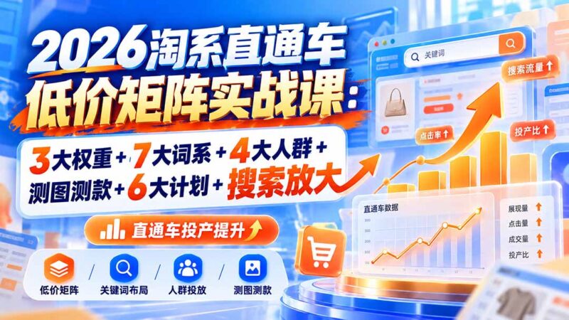2026淘系直通车低价矩阵实战课:3大权重+7大词系+4大人群+测图测款+6大计划+搜索放大-百科网_分享创业项目_网上赚钱方法