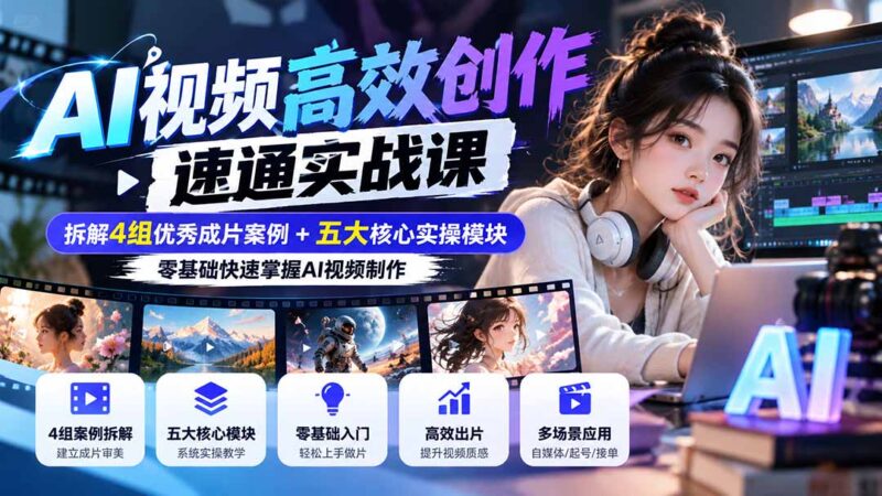 【无水印】AI视频高效创作速通实战课：拆解4组优秀成片案例+五大核心实操模块，零基础快速掌握AI视频制作-百科网_分享创业项目_网上赚钱方法