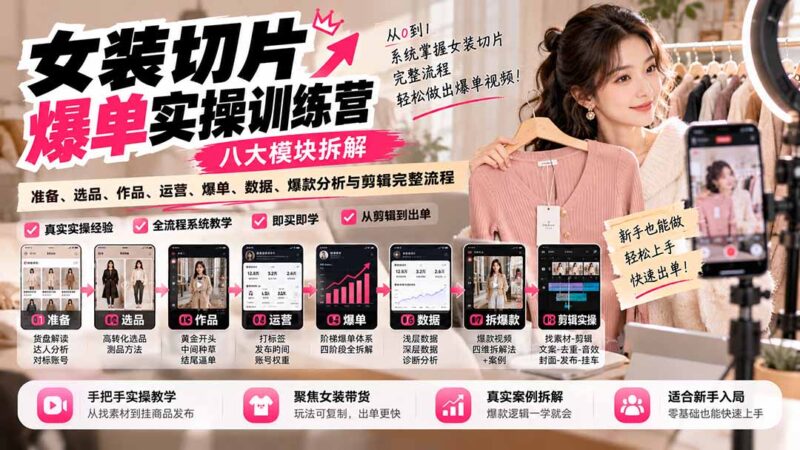 【无水印】女装切片爆单实操训练营:八大模块拆解准备、选品、作品、运营、爆单、数据、爆款分析与剪辑完整流程-百科网_分享创业项目_网上赚钱方法