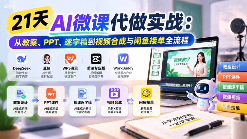 21天AI微课代做实战:从教案、PPT、逐字稿到视频合成与闲鱼接单全流程-百科网_分享创业项目_网上赚钱方法