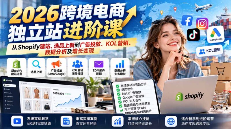 2026跨境电商独立站进阶课：从Shopify建站、选品上新到广告投放、KOL营销、数据分析及增长变现-百科网_分享创业项目_网上赚钱方法