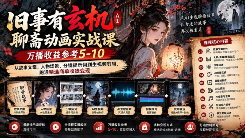 旧事有玄机AI聊斋动画实战9月新课：万播收益参考5-10，从故事文案、人物场景到分镜生视频，跑通精选商单收徒-百科网_分享创业项目_网上赚钱方法