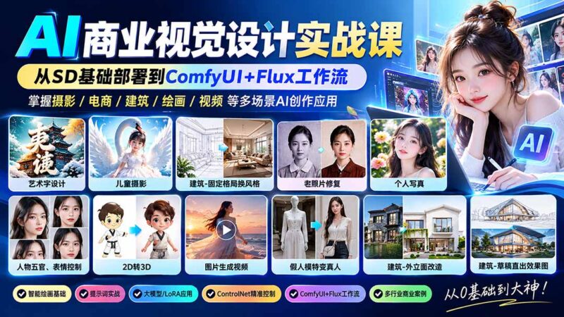 【无水印】AI商业视觉设计实战课:从SD基础部署到ComfyUI+Flux工作流,掌握摄影电商建筑AI创作-百科网_分享创业项目_网上赚钱方法