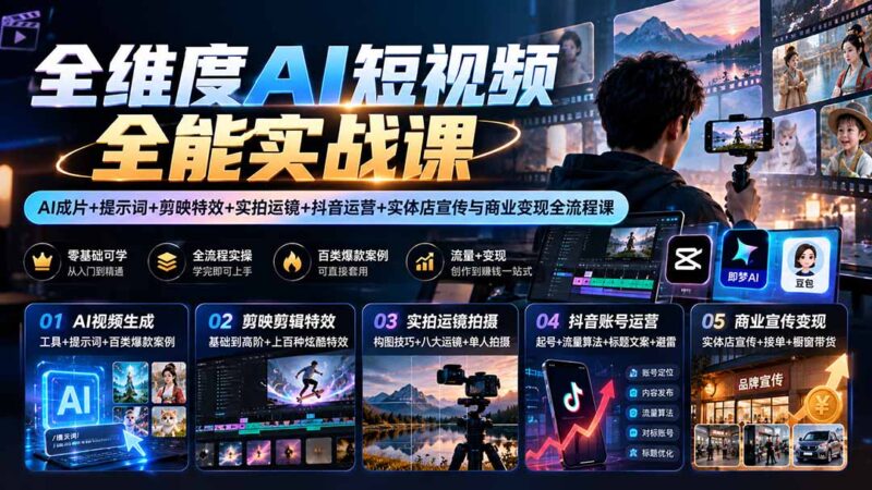 【无水印】全维度AI短视频全能实战课:AI成片+提示词+剪映特效+实拍运镜+抖音运营+实体店宣传与商业变现全流程课-百科网_分享创业项目_网上赚钱方法