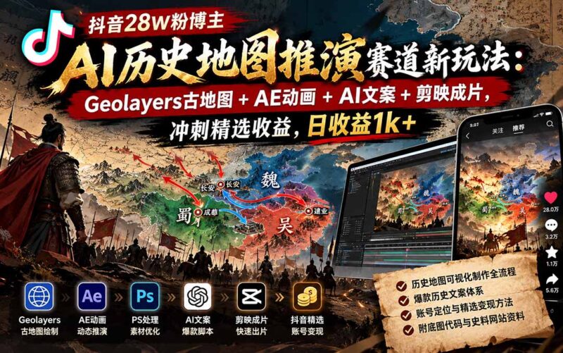 抖音28W粉博主AI历史地图推演赛道新玩法：Geolayers古地图+AE动画+AI文案+剪映成片，冲刺精选收益，日收益1k+-百科网_分享创业项目_网上赚钱方法