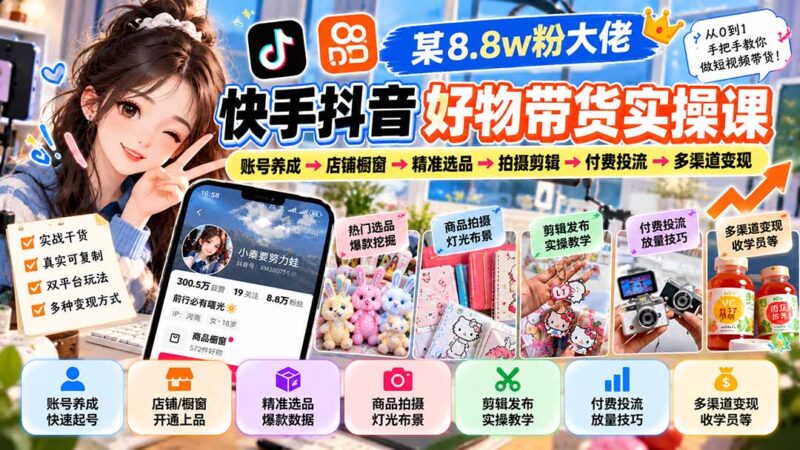 某8.8w粉大佬快手抖音好物带货实操课：账号养成→店铺橱窗→精准选品→拍摄剪辑→付费投流→多渠道变现-百科网_分享创业项目_网上赚钱方法