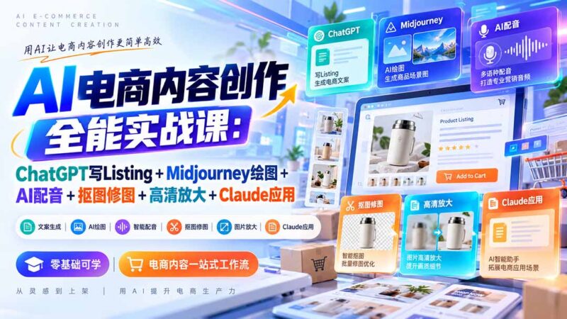 【无水印】AI电商内容创作全能实战课：ChatGPT写Listing+Midjourney绘图+AI配音+抠图修图+高清放大+Claude应用-百科网_分享创业项目_网上赚钱方法