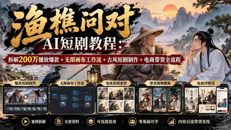 【无水印】渔樵问对AI短剧教程:拆解200万播放爆款+无限画布工作流+古风短剧制作+电商带货全流程-百科网_分享创业项目_网上赚钱方法