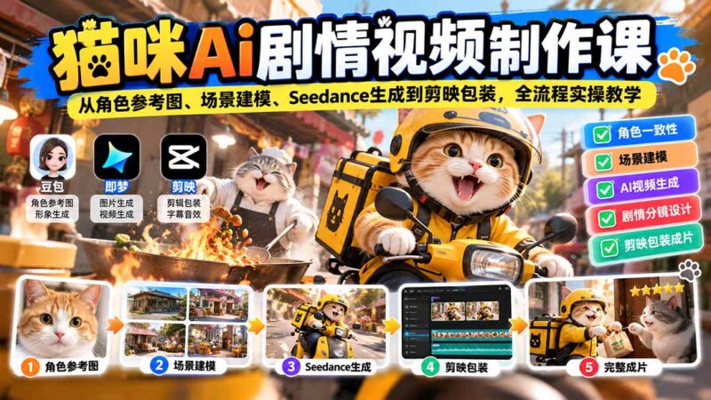 猫咪AI剧情视频制作课:从角色参考图、场景建模、Seedance生成到剪映包装,全流程实操教学-百科网_分享创业项目_网上赚钱方法
