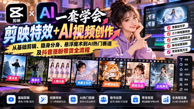 一套学会剪映特效+AI视频创作：从基础剪辑、隐身分身、悬浮魔术到AI热门赛道及抖音涨粉带货全流程-百科网_分享创业项目_网上赚钱方法