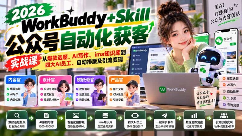 WorkBuddy + Skill公众号自动化获客实战课：从爆款选题、AI写作、ima知识库到四大AI员工、自动排版及引流变现-百科网_分享创业项目_网上赚钱方法