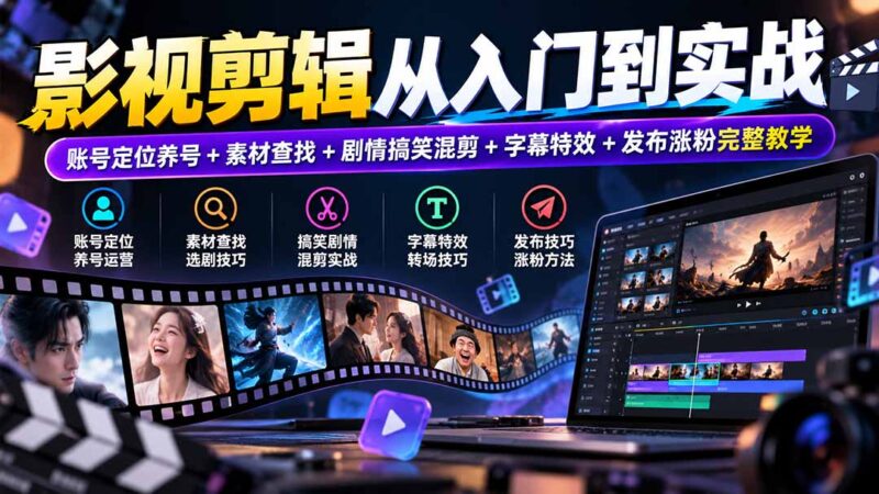 影视剪辑从入门到实战：账号定位养号+素材查找+剧情搞笑混剪+字幕特效+发布涨粉完整教学-百科网_分享创业项目_网上赚钱方法