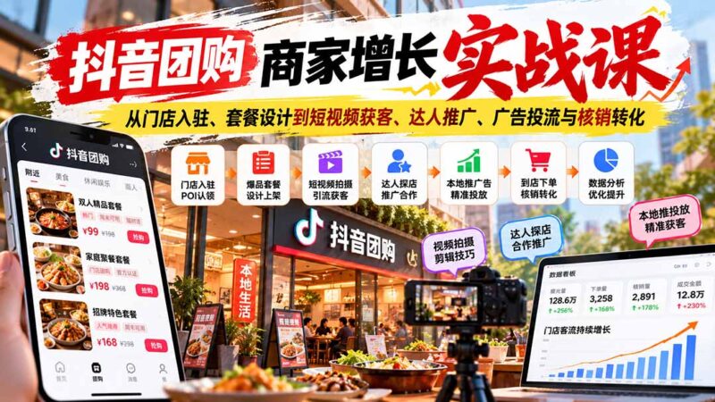 抖音团购商家增长实战课:从门店入驻、套餐设计到短视频获客、达人推广、广告投流与核销转化-百科网_分享创业项目_网上赚钱方法