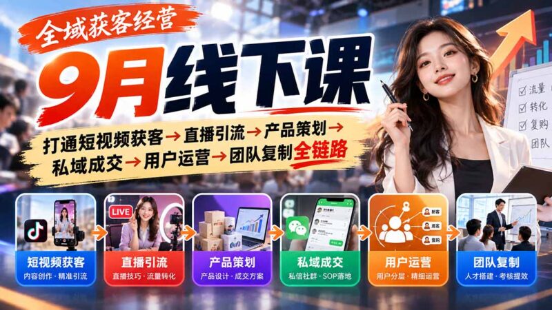 全域获客经营9月线下课:打通短视频获客→直播引流→产品策划→私域成交→用户运营→团队复制全链路-百科网_分享创业项目_网上赚钱方法