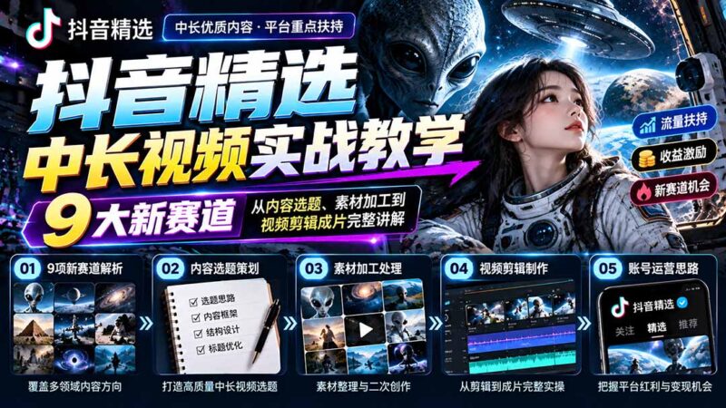 抖音精选中长视频实战教学：拆解9项细分赛道，从内容选题、素材加工到视频剪辑成片完整讲解-百科网_分享创业项目_网上赚钱方法