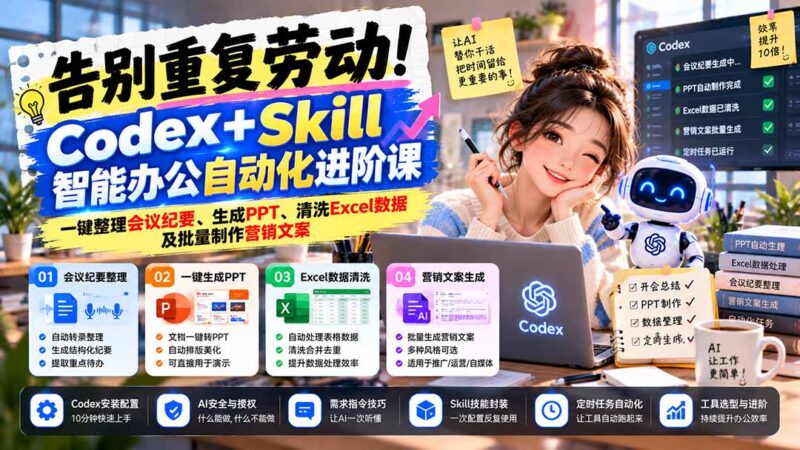 告别重复劳动!Codex+Skill智能办公自动化进阶课:一键整理会议纪要、生成PPT、清洗Excel数据及批量制作营销文案-百科网_分享创业项目_网上赚钱方法