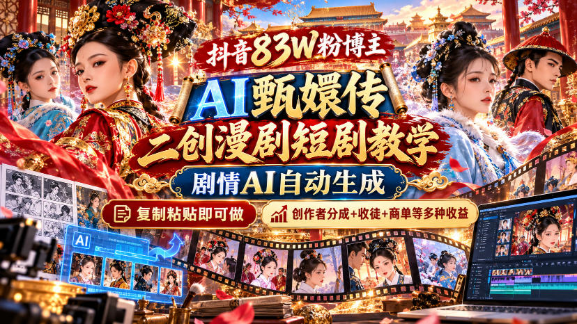 抖音83W粉博主AI甄嬛传二创漫剧短剧教学｜剧情AI自动生成，复制粘贴即可做，各大平台创作者分成+收徒等多种收益-新发现资源网