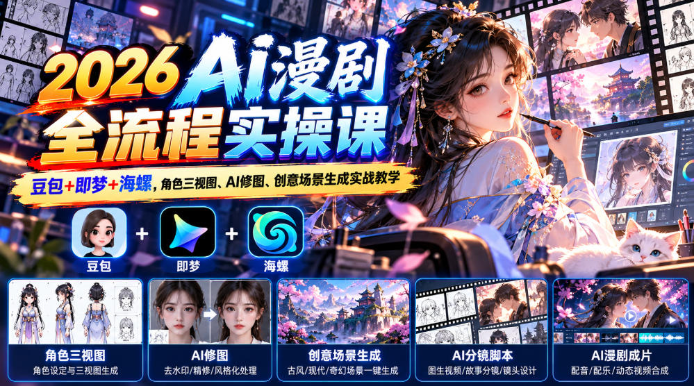 【无水印】2026 AI漫剧全流程实操课｜豆包+即梦+海螺，角色三视图、AI修图、创意场景生成实战教学-新发现资源网