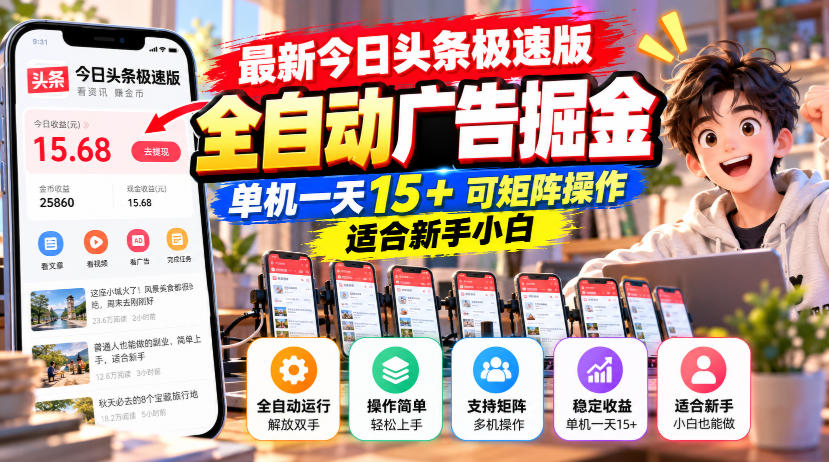 最新今日头条极速版全自动广告掘金，单机一天15+可矩阵操作适合新手小白-新发现资源网