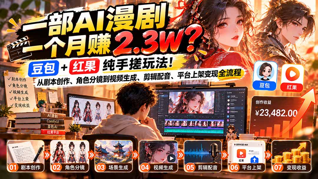 一部AI漫剧一个月赚2.3W？豆包+红果纯手搓玩法！从剧本创作、角色分镜到视频生成、剪辑配音、平台上架变现全流程-新发现资源网